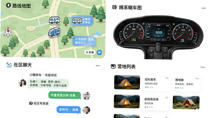 主体为“小床车”APP的功能模块展示图,布局分为四个象限,分别展示路线地图、车辆仪表盘、社区聊天界面和营地列表,排版整齐对称,风格为明亮清新,细节包括地图上的房车图标和聊天气泡,画质精致,干净,无多余元素
