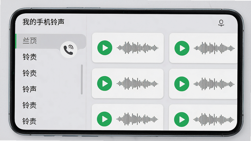 展示“我的手机铃声”APP内部的铃声列表界面,左侧是分类侧边栏,右侧是铃声卡片,每个卡片上有绿色的播放按钮和音频波形图,背景为浅灰色,界面布局整齐,文字清晰,风格扁平化,细节丰富,高清摄影质感