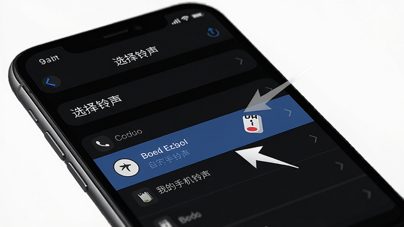 展示手机设置界面,用户正在将“我的手机铃声”APP下载的音频设置为来电铃声,界面显示“选择铃声”选项,下方列表中高亮显示了一个自定义铃声文件,背景为深色模式,操作指引箭头清晰,风格写实,高清细节