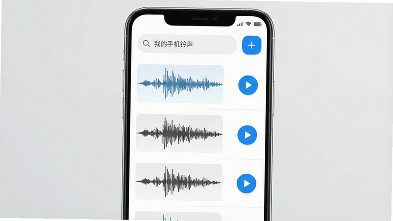 一张展示安卓手机屏幕的高清图片,屏幕中央显示“我的手机铃声”APP的主界面,界面设计简洁现代,采用白色背景搭配科技蓝按钮,顶部有搜索栏,下方列表清晰展示着几首热门铃声的波形图和播放按钮,整体风格干净、无多余装饰,高清画质,4k分辨率