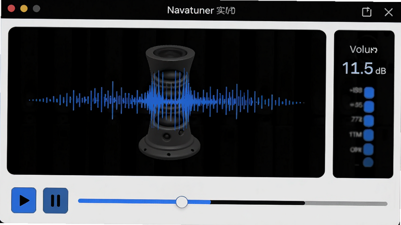 Navatuner 实时监听界面,屏幕中央是一个动态跳动的声柱图形,下方有播放/暂停按钮和进度条,界面右侧显示当前的音量dB值,整体风格极简,黑白灰配色搭配蓝色高亮,清晰易读,专业音频软件质感