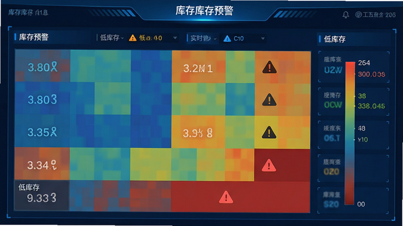 数据仪表盘界面,主体为库存热力图,布局呈现不同颜色区块代表不同库存水平,排版紧凑,风格为科技蓝配色,细节显示实时库存数字和预警图标,画质清晰,干净,无多余元素,文字标注
