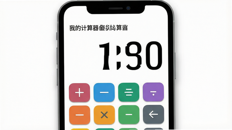 一张展示“我的计算器”App界面全貌的高清图片,主体为手机屏幕,界面采用极简白色背景,黑色大号数字显示区,下方排列整齐的彩色功能按键(加减乘除、等号、清除),布局清晰规整,扁平化设计风格,细节处有轻微阴影增加立体感,画质清晰,无多余水印或文字,干净简洁