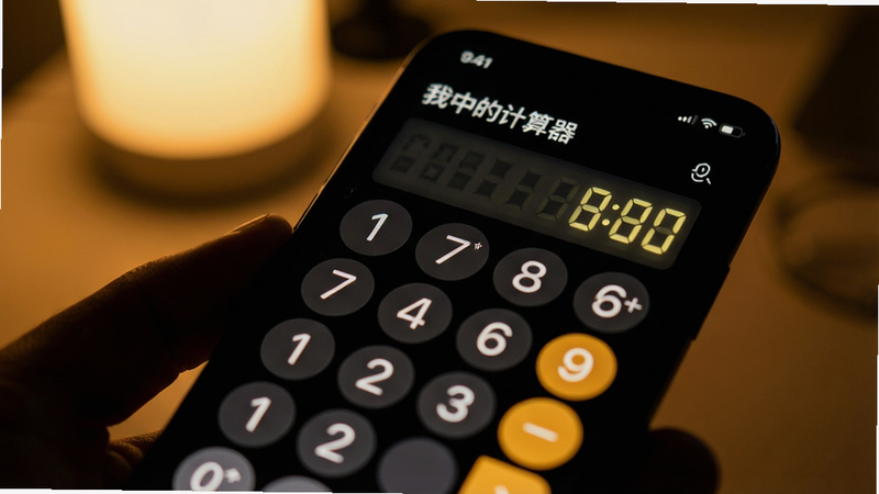 夜间场景下的手机屏幕特写,显示“我的计算器”深色模式界面,背景为柔和的暗色,数字以柔和的黄色或白色显示,营造温馨护眼氛围,细节精致,无刺眼反光