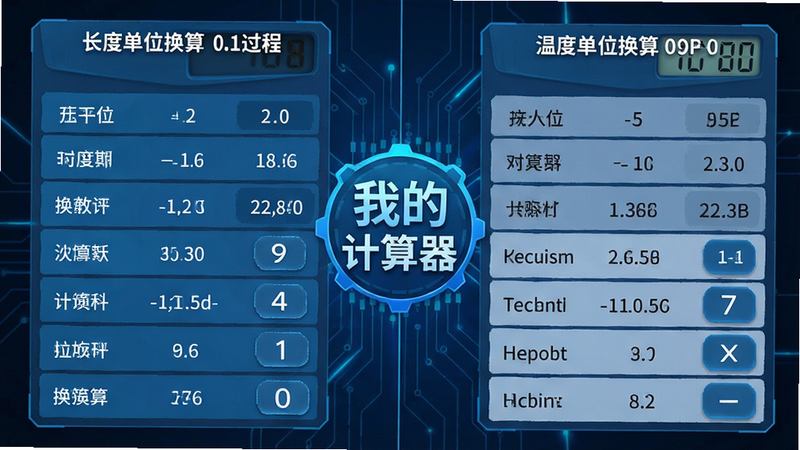 分屏对比图,左侧显示长度单位换算过程,右侧显示温度单位换算,中间以“我的计算器”Logo连接,图表清晰,数据准确,蓝色科技色调,排版严谨,专业感强