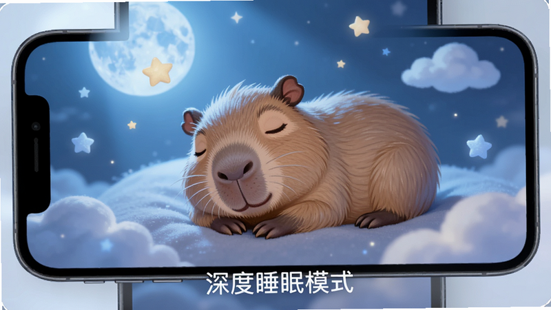 �������ֻ���Ļ���棬��ʾһֻ����˯����ˮ�࣬��Χ����͵���ɫ�¹�Ч��������Ϊȫ������ģʽ���Ű��࣬���Ϊ�λ�����ϵ��ϸ�ڰ���Ư�������Ǻ��ƶ䣬����ϸ�壬�ɾ������֡����˯��ģʽ��λ�ڵײ�