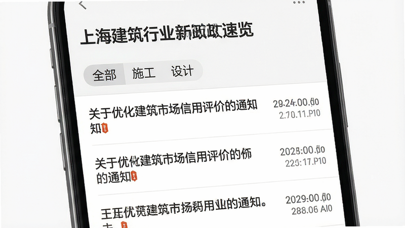 主体为手机新闻列表界面,标题为“上海建筑行业新政速览”,列表项包含“关于优化建筑市场信用评价的通知”等,每条新闻右侧有发布时间,顶部有筛选标签“全部、施工、设计”,风格简约商务,白色背景,灰色文字,高清晰度,排版紧凑