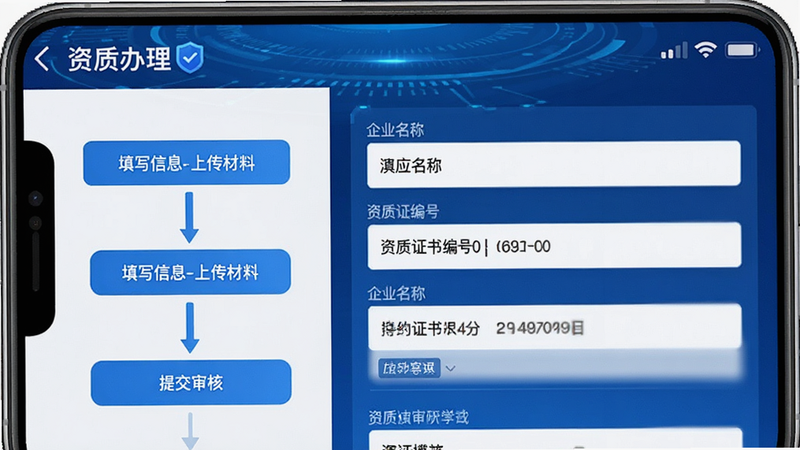 主体为APP界面截图,显示“资质办理”模块,左侧为步骤条“填写信息-上传材料-提交审核”,右侧为表单填写示例,字段包括企业名称、资质证书编号,风格科技感,蓝色主色调,清晰度高,文字清晰,布局整齐,无水印