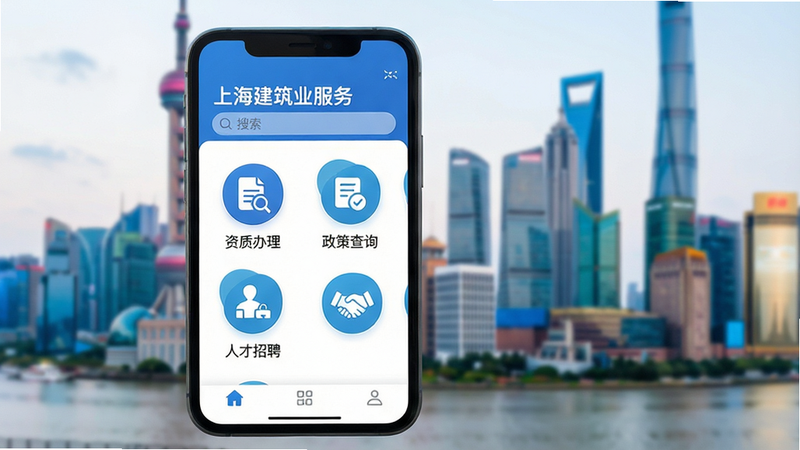 主体为手机屏幕特写,背景为模糊的现代上海城市天际线,手机显示“上海建筑业服务”APP首页,界面简洁蓝白配色,顶部有搜索栏,中间排列“资质办理”、“政策查询”、“人才招聘”三个大图标,底部导航栏清晰,风格扁平化,高清,无多余元素,干净,细节丰富,光影柔和