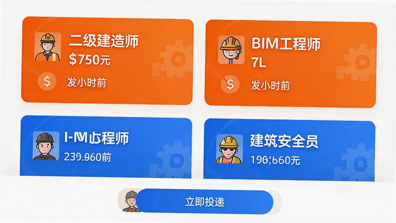 主体为招聘界面,显示多个职位卡片,包括“二级建造师”、“BIM工程师”、“建筑安全员”,卡片上标注薪资范围和发布时间,底部有“立即投递”按钮,风格活力橙蓝配色,界面干净,字体清晰,无杂乱装饰,高保真设计