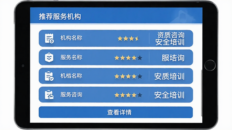 主体为列表界面,显示“推荐服务机构”,每项包含机构名称、评分星级、服务标签如“资质咨询”、“安全培训”,底部有“查看详情”按钮,风格信任蓝,图标简洁,高清,排版整齐