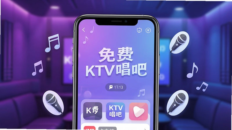 一张高清数字插画,主体为智能手机屏幕,屏幕内显示“免费KTV唱吧”APP界面,背景是柔和的紫色与蓝色渐变灯光,模拟KTV包厢氛围,手机周围漂浮着音符和麦克风图标,布局居中,排版整洁,风格现代简约,细节丰富,画质清晰,干净无多余元素