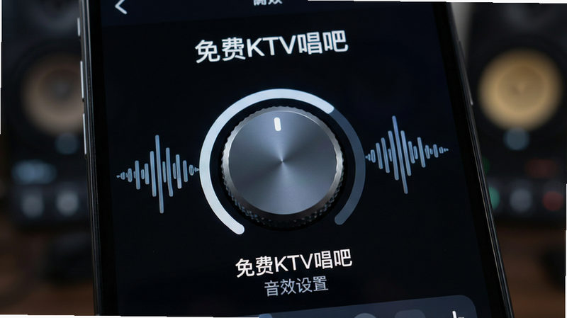 一张特写镜头,显示手机屏幕上的音效调节界面,中间有一个巨大的旋钮图标,周围环绕着声波波形图,文字标注“免费KTV唱吧”音效设置,背景模糊处理,突出前景控件,布局对称,排版简洁,风格专业音频设备感,细节清晰,画质锐利,干净无多余装饰