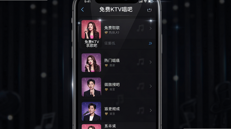 一张手机界面截图风格的设计图,显示“免费KTV唱吧”的歌曲列表页面,列表中包含多首热门歌曲封面和标题,背景为深色系,突出屏幕内容,布局垂直排列,排版整齐,风格科技感强,细节处有高光反射,画质高清,干净无杂乱元素