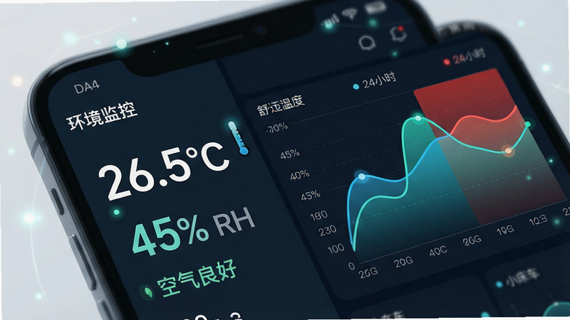 生成一张科技感十足的数据可视化界面设计图,主体为手机屏幕特写,显示“小床车”APP的环境监控页面。布局采用左右分栏,左侧为实时数值大字显示,右侧为24小时温湿度变化折线图,线条平滑流畅,色彩使用清新的蓝绿色系代表舒适区,红色区域代表预警区。排版整齐,字体清晰易读,风格现代简约,细节处有微动效的光点闪烁,表示数据实时更新。画质4k,干净,无多余元素,文字内容清晰可见: