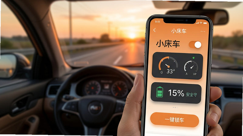 生成一张现代简约风格的手机应用界面展示图,主体为一部手持的智能手机,屏幕清晰显示“小床车”APP的主界面,界面包含夜间模式开关、温度湿度仪表盘、电池电量百分比显示以及一键锁车按钮。背景是模糊的车内视角,透过车窗可以看到夕阳下的公路,营造温馨舒适的氛围。排版简洁,UI设计扁平化,色彩以暖橙色和深灰色为主,细节处有细微的光影效果,画质高清,干净,无多余元素,文字内容清晰可见: