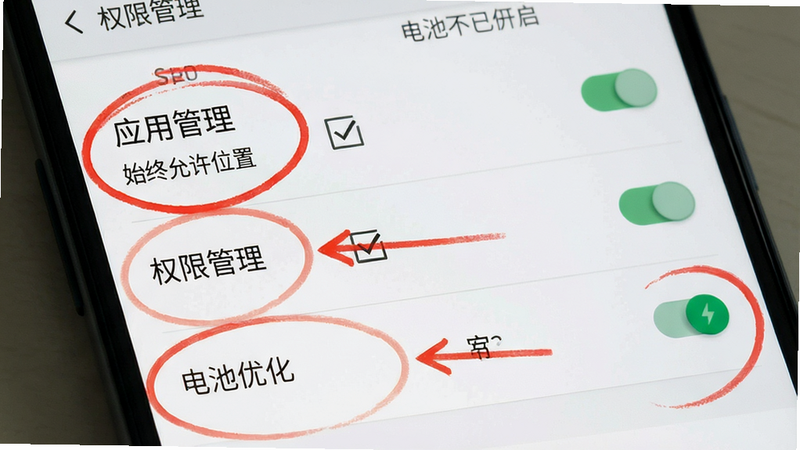 生成一张手机设置界面的教程示意图,主体为安卓手机系统设置页面,高亮显示“应用管理”、“权限管理”、“电池优化”等选项。布局清晰,步骤指引箭头明确,风格扁平化,色彩以白色和浅灰色为主,重点选项用红色圆圈标注。细节处有勾选框和开关状态,表示权限已开启。画质清晰,干净,无多余元素,文字内容清晰可见: