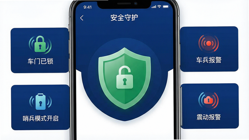 生成一张安防监控主题的UI设计图,主体为手机屏幕,显示“小床车”APP的安全中心页面。布局中心是一个巨大的绿色盾牌图标,周围环绕着车门状态、震动报警、远程锁车三个功能入口。排版对称均衡,风格稳重可靠,色彩以深蓝色和白色为主,体现专业与安全。细节处有锁具闭合的动态图标,象征安全已就位。画质高清,干净,无多余元素,文字内容清晰可见: