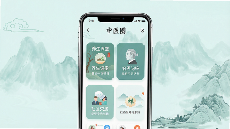 一张现代感与中式传统结合的手机界面展示图,主体为一部智能手机,屏幕显示“中医圈”APP首页,界面清新雅致,包含“养生课堂”、“名医问答”、“社区交流”等模块,背景为淡青色水墨晕染,布局整洁,文字清晰,高清,无多余元素