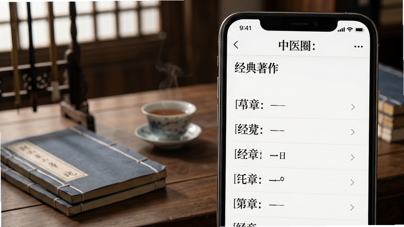 手机屏幕特写,展示“中医圈”APP内的“经典著作”板块,背景为古风书房,桌上摆放着线装书和茶盏,屏幕显示清晰的章节目录,字体优雅,光线柔和,细节丰富,高清