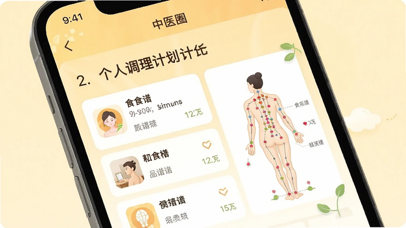 手机屏幕显示“中医圈”APP的“个人调理计划”页面,包含食谱列表和穴位图,界面色彩温暖,图标精致,背景为淡黄色,体现个性化服务,高清,干净