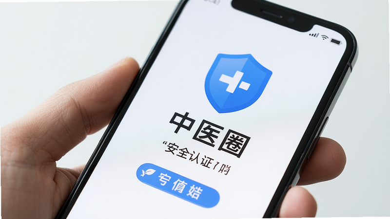 手机屏幕显示“中医圈”APP的安全认证标识,背景为蓝色盾牌图标,文字清晰,布局简洁,体现安全可信,高清,无水印