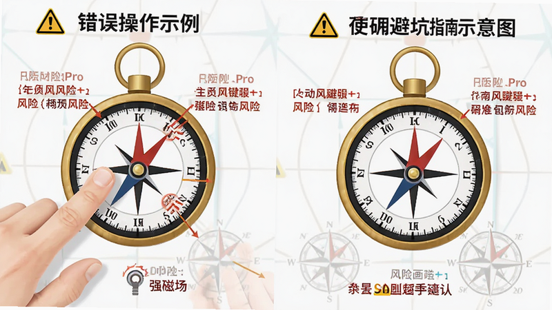 主体为指南针Pro使用避坑指南示意图,布局为左右分栏,左侧为错误操作示例(手指遮挡、强磁场),右侧为正确操作示例,风格警示与指导结合,细节标注关键风险点,画质清晰,干净无多余元素