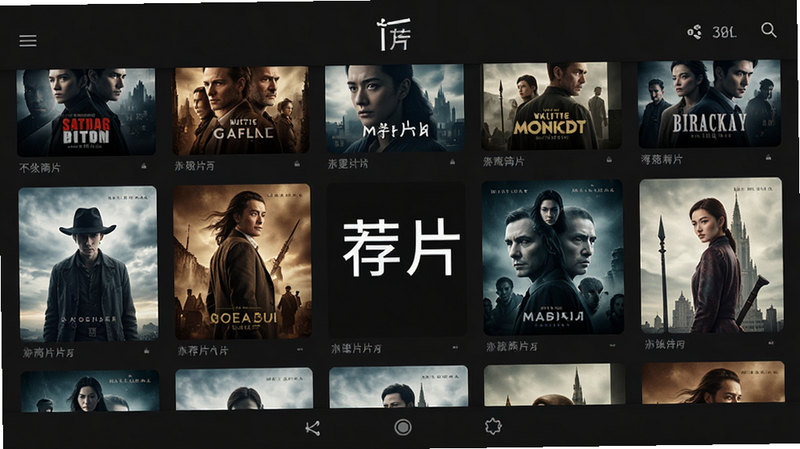 展示一部名为“荐片”的安卓应用界面,主体是深色模式下的影视海报墙布局,排版整齐,风格现代简约,细节清晰,画质高清,干净无多余元素,文字“荐片”居中显示