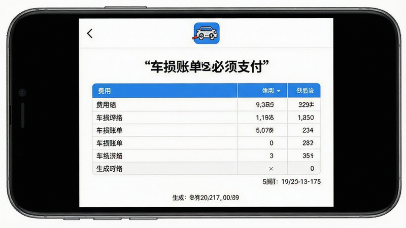 手机屏幕展示“车损账单必须支付”APP生成的PDF账单预览界面,页面顶部为软件Logo,中间为表格形式的费用明细,底部有生成时间戳,整体排版专业规范,白色背景,黑色文字,蓝色表头,高清清晰,无模糊像素