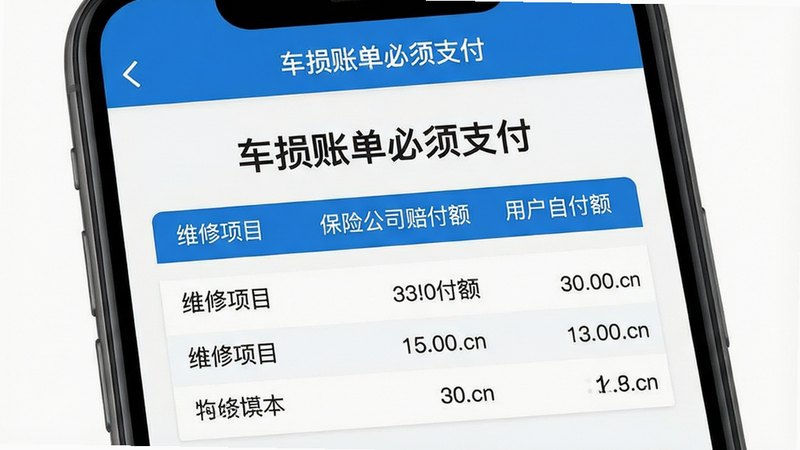 主体为智能手机屏幕,显示“车损账单必须支付”APP界面,界面中央为清晰的账单明细表格,包含维修项目、保险公司赔付额、用户自付额三列,顶部有蓝色导航栏显示软件名称,整体风格为扁平化商务UI,色彩以白底蓝字为主,布局整洁,高清无水印,无多余装饰元素