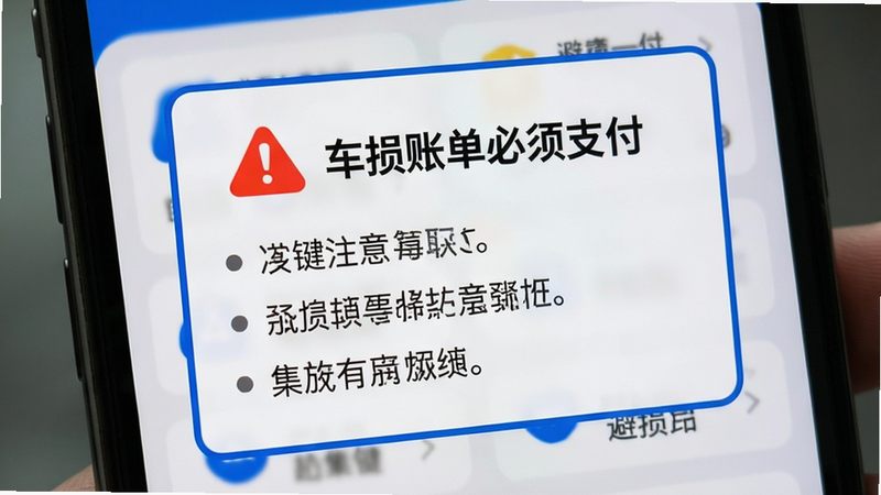手机屏幕显示“车损账单必须支付”APP的避坑提示弹窗,红色警告图标醒目,下方列出三条关键注意事项,界面简洁,白色背景,蓝色边框,高清清晰,无其他干扰元素