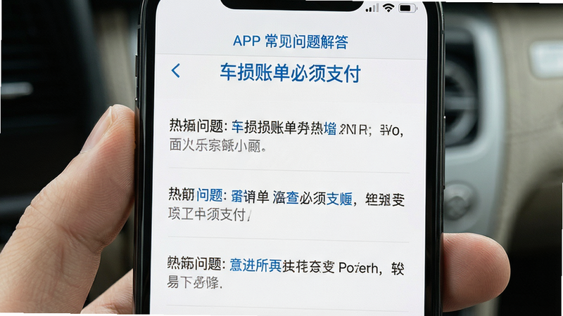 手机屏幕显示“车损账单必须支付”APP的常见问题解答界面,列表形式展示三个热门问题,界面设计简洁,白色背景,蓝色标题,灰色正文,高清清晰,无多余装饰