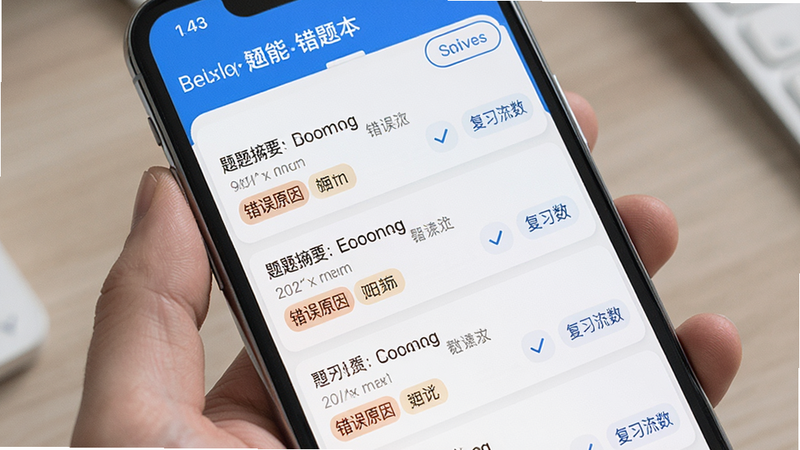 主体为手机屏幕,展示错题本列表界面,每条记录包含题目摘要、错误原因标签和复习次数,布局列表式,排版规整,风格数据化,细节显示筛选按钮,画质清晰,干净,文字标注“智能错题本”
