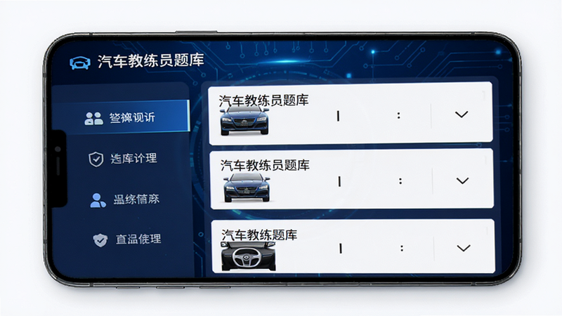 主体为手机屏幕界面,显示“汽车教练员题库”APP首页,背景为深蓝色科技风,布局清晰,左侧为功能导航栏,右侧为试题列表,排版整齐,风格现代简约,细节丰富,画质高清,干净无多余元素,文字标注“汽车教练员题库”