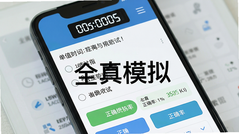 主体为手机屏幕,展示模拟考试界面,顶部显示倒计时,中间为单选题题目,底部为选项按钮,布局紧凑,排版清晰,风格简洁专业,细节处显示正确率统计,画质清晰,干净,文字标注“全真模拟”