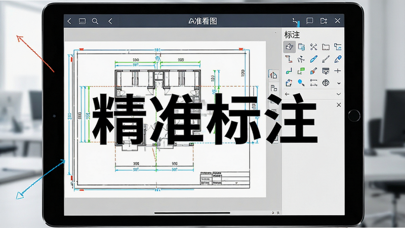 主体为平板设备横屏显示界面,展示极速专业CAD看图的标注功能,布局左右分栏,左侧为图纸预览,右侧为标注工具栏,风格为商务办公风,细节显示标注线清晰,颜色鲜明,画质清晰,干净,无多余元素,文字“精准标注”醒目