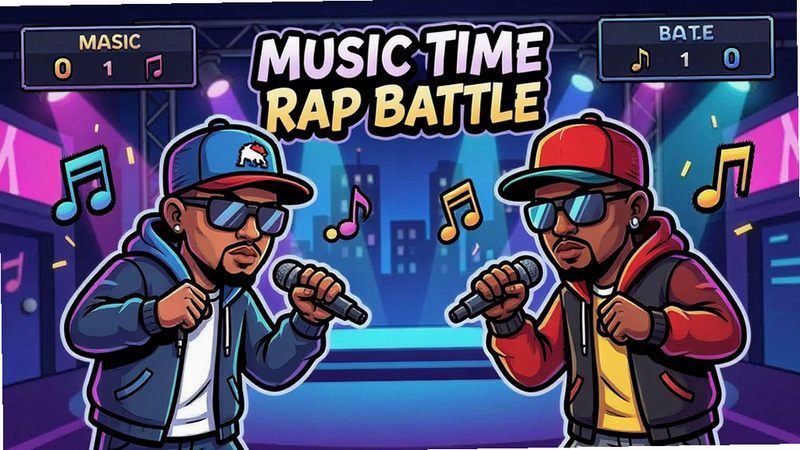 主体为Music Time Rap Battle游戏主界面,布局清晰,中央显示两个卡通说唱歌手角色对峙,背景为霓虹灯光下的街头舞台,排版对称,风格为美式潮流漫画风,细节丰富,包含音符特效和比分板,画质高清,色彩鲜艳,无多余元素,文字标注