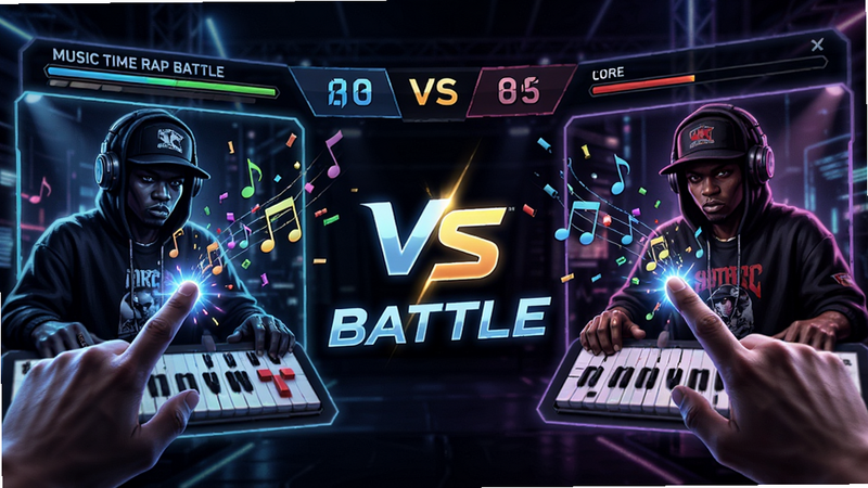主体为Music Time Rap Battle对战场景,布局动态,左侧和右侧各有一个玩家操作界面,中间显示实时比分,风格为赛博朋克与嘻哈结合,细节展示手指点击屏幕的动作和飞溅的音符粒子,画质细腻,光影效果强烈,文字标注