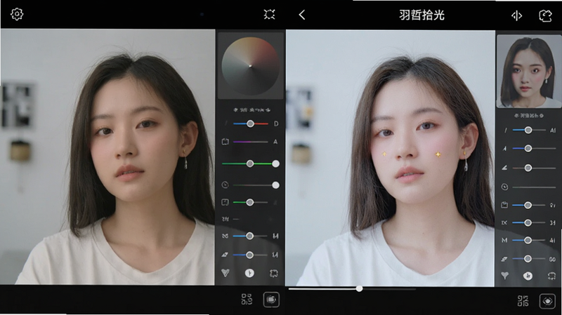 主体为手机屏幕上的照片编辑界面,左侧显示原图,右侧显示经过