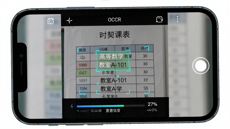 ����Ϊ��ʱ���α���APP��OCRʶ����棬�ֻ�����ͷȡ������չʾһ�ſγ̱���ͼ��ʶ��������ʾ���ߵ���ѧ����������A-101�������֣����־۽�ʶ����̣����Ƽ���ǿ��ϸ����ʾʶ������������ŶȰٷֱȣ������������޸���Ԫ��