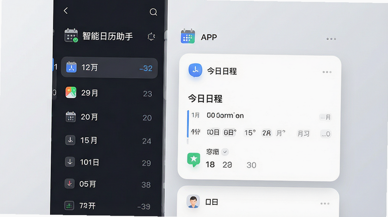 主体为“智能日历助手”APP界面预览图,布局采用左右分栏结构,左侧显示日期列表,右侧显示详细日程卡片。排版整洁,背景为浅灰色渐变,卡片为白色圆角矩形。风格为现代扁平化UI设计,细节包括清晰的图标、柔和的阴影效果。画质高清,干净,无多余元素,文字内容包含“智能日历助手”和“今日日程”。