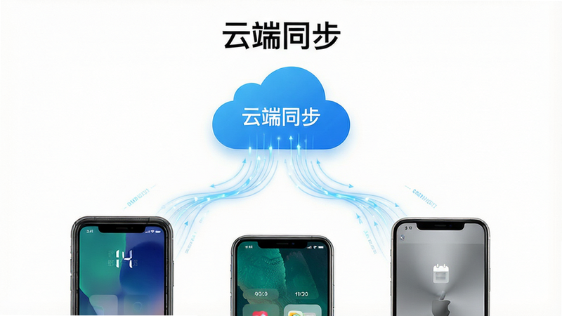 主体为云端同步示意图,画面中央为一个云朵图标,下方连接着三部不同品牌的智能手机。布局呈三角形稳定结构,线条流畅连接。排版对称平衡,背景为纯白色。风格为极简商务风,细节包括数据流动的光效线条。画质高清,干净,无多余元素,文字内容包含“云端同步”和“智能日历助手”。