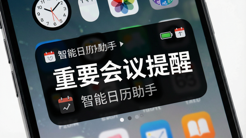 主体为手机锁屏界面特写,显示“智能日历助手”的紧急提醒卡片。布局居中,卡片背景为半透明黑色,文字为白色加粗大字。排版简洁有力,突出紧急感。风格为科技感,细节包括时钟、电池图标及提醒图标。画质清晰,干净,无多余元素,文字内容包含“重要会议提醒”和“智能日历助手”。