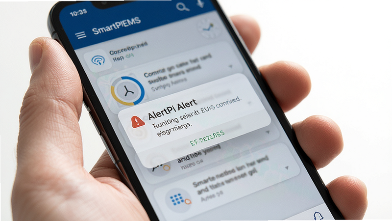Hand holding a smartphone displaying SmartPiEMS app, close-up view, showing alert notification popup, realistic skin texture, bright lighting, clean background, detailed interface elements, high quality photography style
