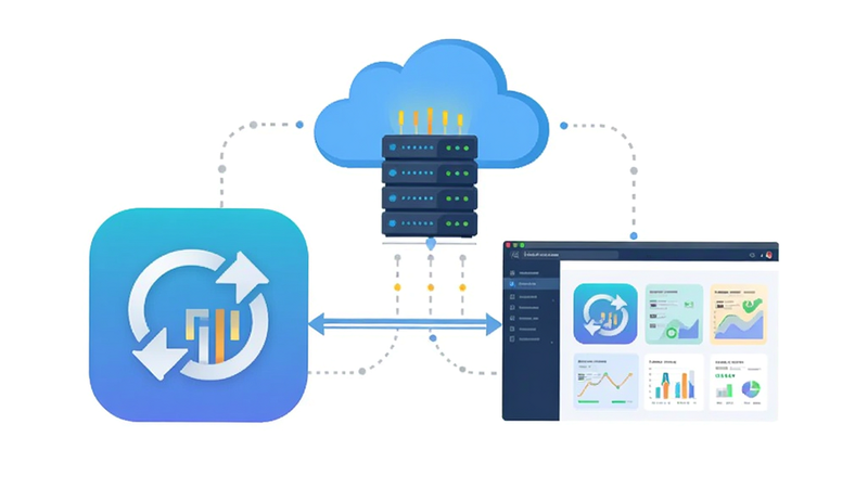 Mobile app icon and web dashboard side by side, showing data synchronization, cloud server in the background, business technology concept, clean white background, high fidelity, modern vector illustration style, clear structure, no extra elements
