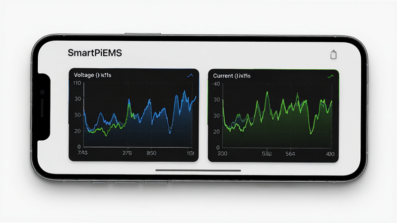 SmartPiEMS application interface on a modern smartphone, clean white background, displaying real-time voltage and current graphs, blue and green data indicators, minimalist UI design, high definition, realistic 3D rendering, soft shadows, no text artifacts, 4k quality
