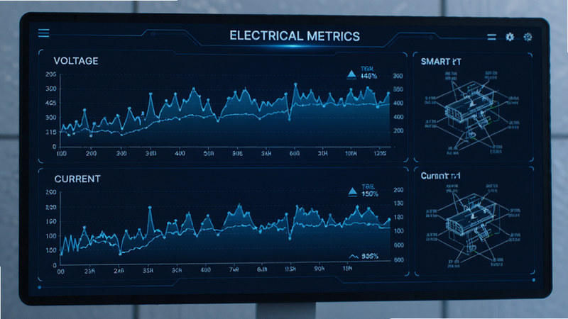 Digital dashboard interface showing electrical metrics, real-time line charts for voltage and current, smart grid theme, futuristic style, clean layout, blue color scheme, detailed technical diagrams, high resolution, professional software screenshot style