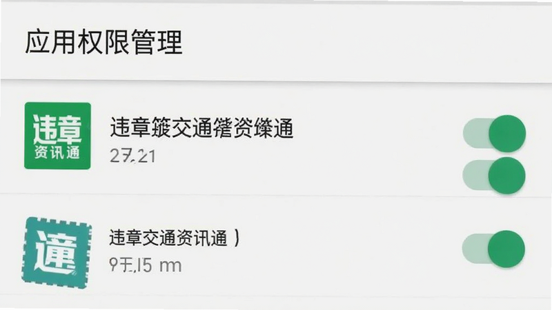手机设置界面截图,显示“应用权限管理”页面,列表中包含“违章交通资讯通”,右侧开关均为开启状态,背景为安卓原生风格,简洁明了,高清屏幕捕捉,无干扰元素