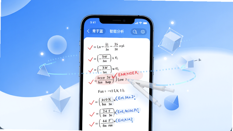 一张展示青于蓝AI应用主界面的高清预览图,背景为清新的蓝白色调,主体是手机屏幕,屏幕上显示着一份正在被AI批改的数学试卷,红色的对勾和蓝色的错误提示清晰可见,周围漂浮着代表智能分析的几何图形和光点,风格简洁现代,高清,无杂乱元素