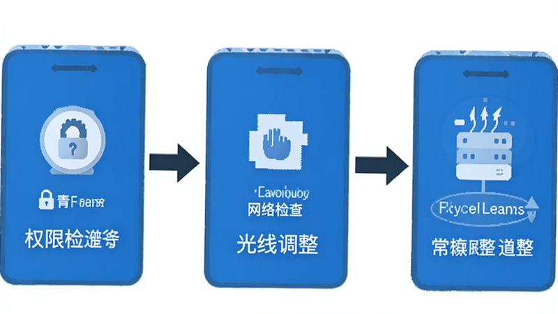 青于蓝AI使用过程中的常见问题排查流程图,包含权限检查、网络检查、光线调整三个步骤,图标简洁,箭头指引清晰,背景白色,高清,无多余装饰